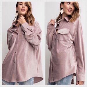 Relaxed Velvet Button-Up Shirt - Dusty Pink